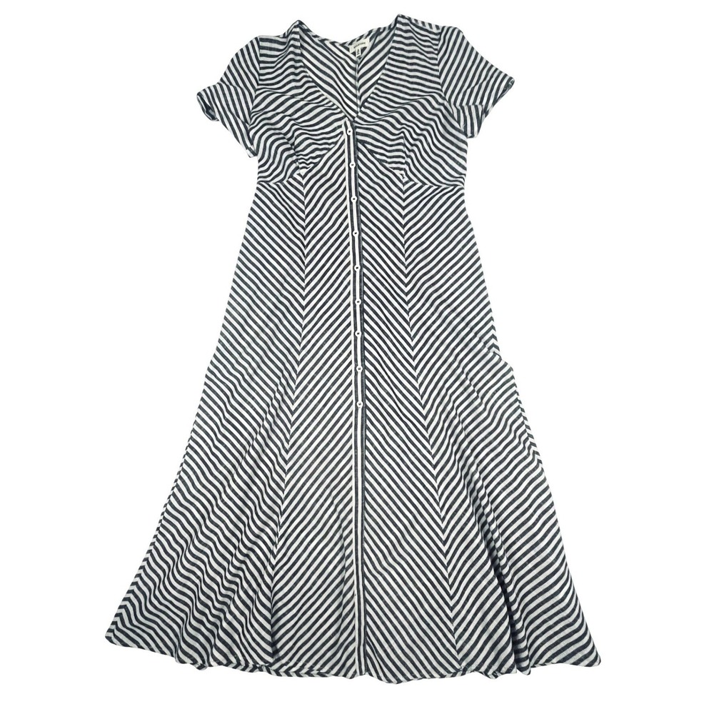 Max Studio Womens Striped Button Front V-Neck Midi Dress Navy White Size 12